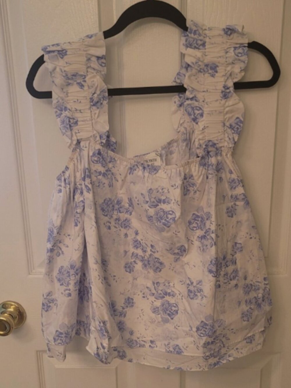 Blue Floral Ruffled Strap Tank Top - Women